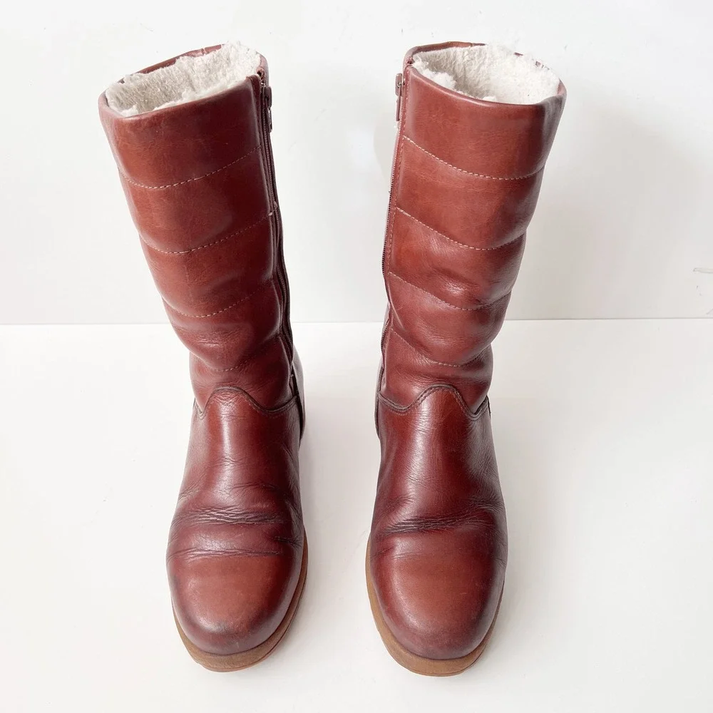 Blondo Leather Winter Boots Brown Quilted Faux Fur Lined Mid Calf Boho 70s Style